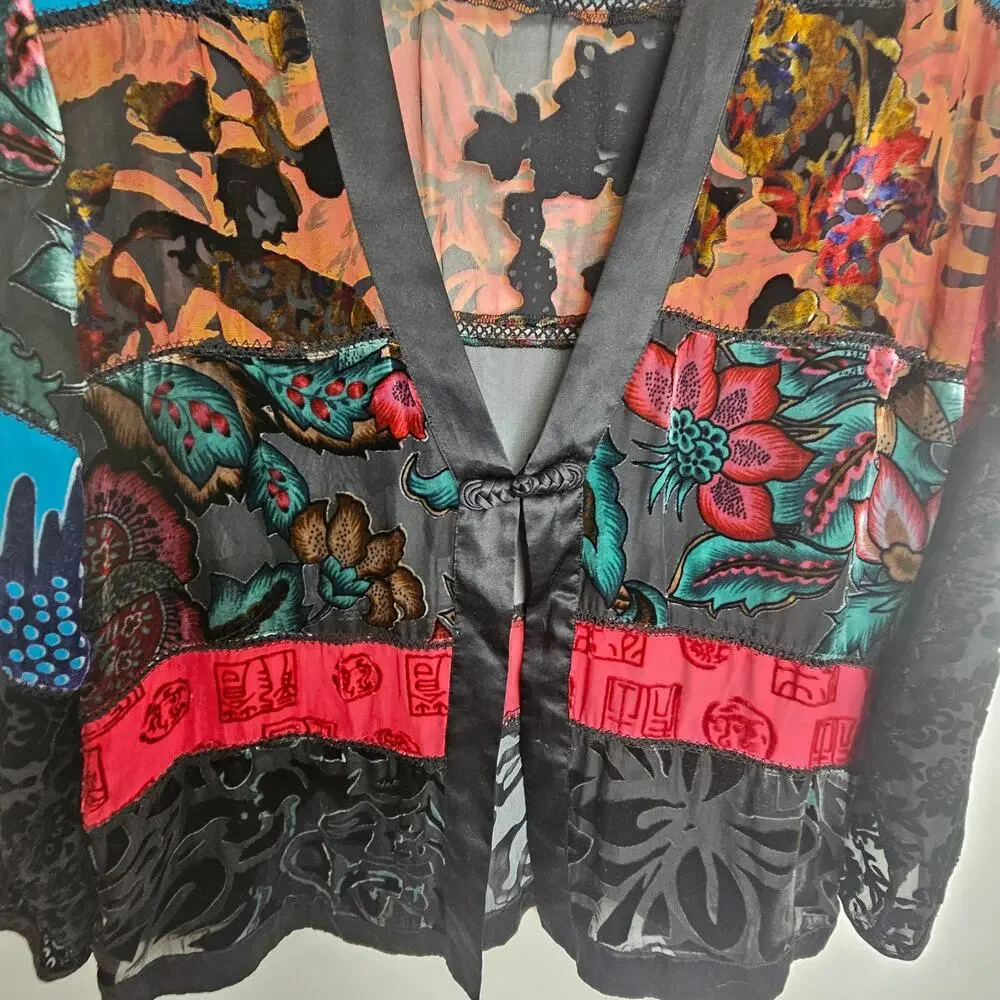 Chicos Silk Sheer Cardigan Size L Artsy Floral Bohemian Whimsigoth Patchwork - Picture 3 of 8